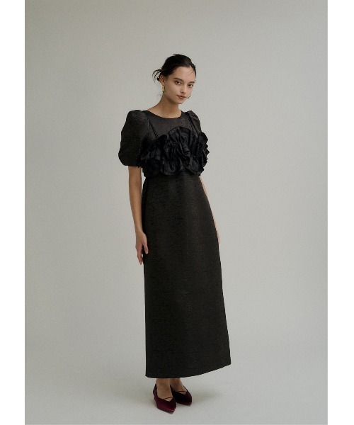 【LE'RURE】Wavyfrillbustierstripedress グレー LE'RURE】Wavyfrillbustierstripedress グレー Wavy frill bustier