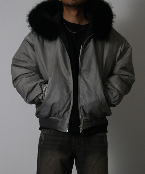 NYLAUS(ナイラス)の「【NYS】ヴィンテージ加工 脱着ファー フート ボンバージャケット フライトジャケット ミリタリージャケット ファーブルゾン(ダウンジャケット/コート・メンズ・カーキ/ブラック/グレー・M/L)」の2枚目の写真