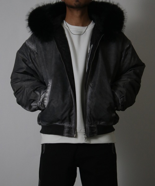 NYLAUS(ナイラス)の「【NYS】ヴィンテージ加工 脱着ファー フート ボンバージャケット フライトジャケット ミリタリージャケット ファーブルゾン(ダウンジャケット/コート・メンズ・カーキ/ブラック/グレー・M/L)」の1枚目の写真