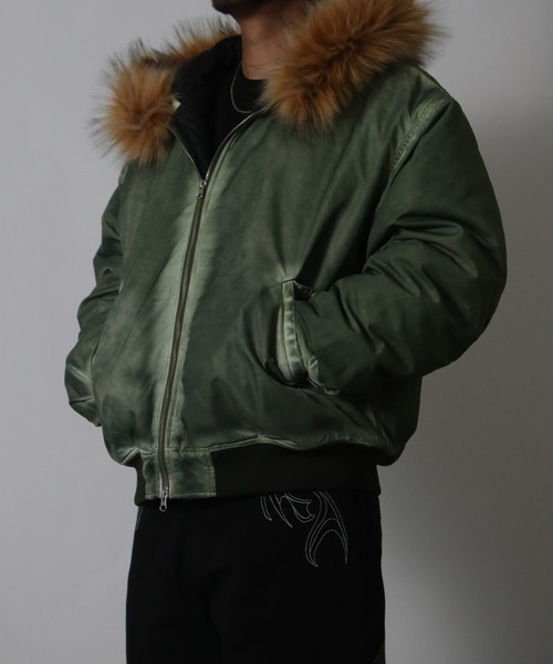 NYLAUS(ナイラス)の「【NYS】ヴィンテージ加工 脱着ファー フート ボンバージャケット フライトジャケット ミリタリージャケット ファーブルゾン(ダウンジャケット/コート・メンズ・カーキ/ブラック/グレー・M/L)」の19枚目の写真