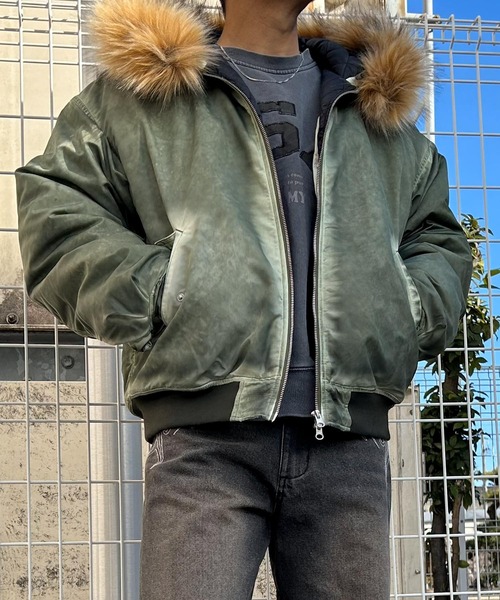 NYLAUS(ナイラス)の「【NYS】ヴィンテージ加工 脱着ファー フート ボンバージャケット フライトジャケット ミリタリージャケット ファーブルゾン(ダウンジャケット/コート・メンズ・カーキ/ブラック/グレー・M/L)」の14枚目の写真