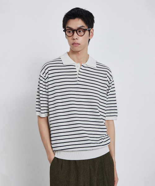 KIIMUIR(キミュア)の「ストライプカラー ハーフニット_アイボリー(Tシャツ/カットソー・メンズ・アイボリー・MEDIUM/LARGE/X-LARGE)」の1枚目の写真