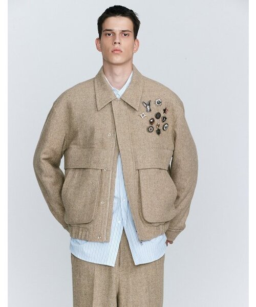 HERRINGBONE BOMBER JACKET (BEIGE)