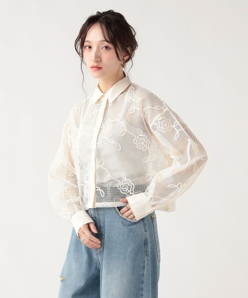 BEAMS HEART(ビームスハート)の「レギュラーカラー レース シャツ(シャツ/ブラウス・レディース・オフホワイト/ライム/ブラック・FREE)」の6枚目の写真