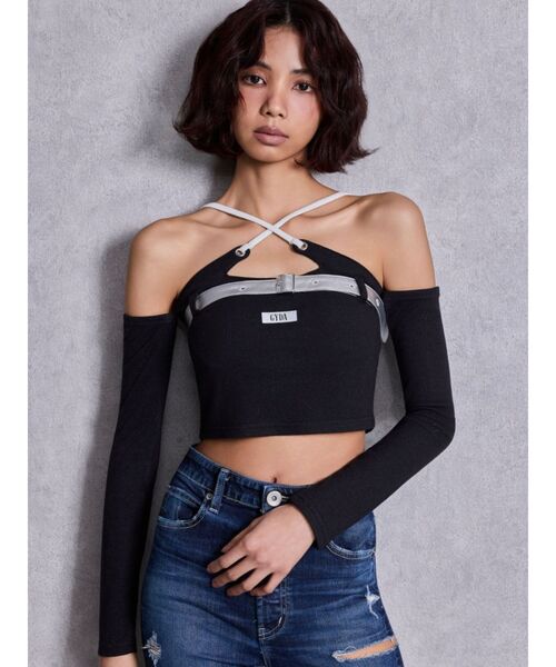 GYDA（ジェイダ）の「GYDAフロントクロスラメテレコトップス（Tシャツ/カットソー・レディース・ブラック/オフホワイト/ブルー・FREE）」の9枚目の写真