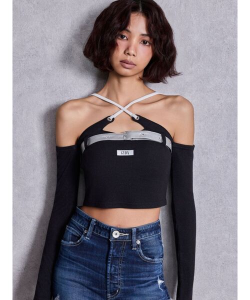 GYDA（ジェイダ）の「GYDAフロントクロスラメテレコトップス（Tシャツ/カットソー・レディース・ブラック/オフホワイト/ブルー・FREE）」の10枚目の写真