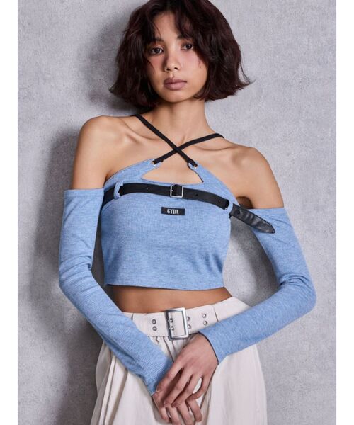 GYDA（ジェイダ）の「GYDAフロントクロスラメテレコトップス（Tシャツ/カットソー・レディース・ブラック/オフホワイト/ブルー・FREE）」の15枚目の写真