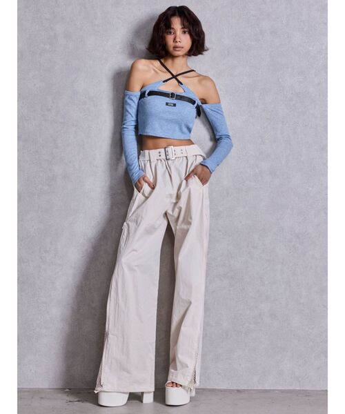 GYDA（ジェイダ）の「GYDAフロントクロスラメテレコトップス（Tシャツ/カットソー・レディース・ブラック/オフホワイト/ブルー・FREE）」の18枚目の写真