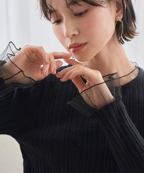 KOBE LETTUCE(コウベレタス)の「チュール切り替えリブニットトップス(ニット/セーター・レディース・オフホワイト/グレー/ブラック・M)」の6枚目の写真