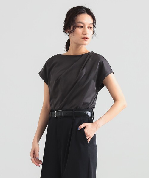 Demi-Luxe BEAMS（デミルクス ビームス）の「アシンメトリー ドレープ プルオーバー［接触冷感］（Tシャツ/カットソー・レディース・ホワイト/チャコールグレー・ONE SIZE）」の2枚目の写真