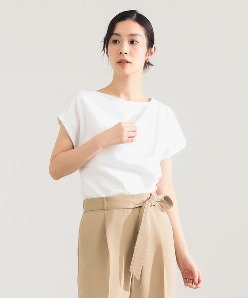 Demi-Luxe BEAMS（デミルクス ビームス）の「アシンメトリー ドレープ プルオーバー［接触冷感］（Tシャツ/カットソー・レディース・ホワイト/チャコールグレー・ONE SIZE）」の6枚目の写真
