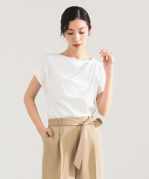 Demi-Luxe BEAMS（デミルクス ビームス）の「アシンメトリー ドレープ プルオーバー［接触冷感］（Tシャツ/カットソー・レディース・ホワイト/チャコールグレー・ONE SIZE）」の7枚目の写真