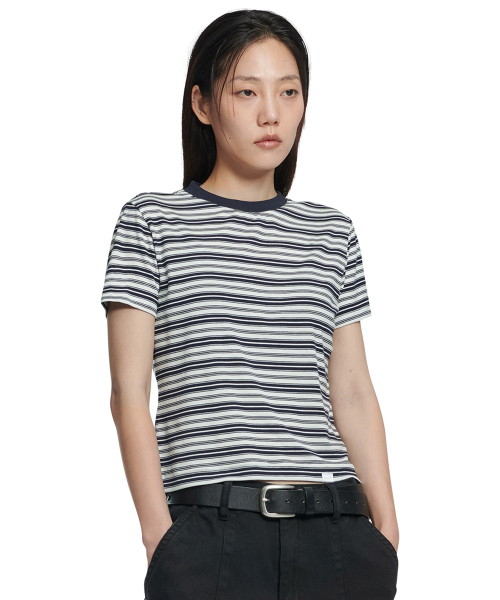 NOMANUAL(NOMANUAL)の「OFFBEAT STRIPE T-SHIRT (WOMAN) - BLACK(Tシャツ/カットソー・レディース・その他・SMALL/MEDIUM/LARGE)」の1枚目の写真