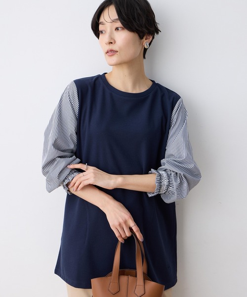 DECOY SINCE 1981(デコイシンスイチキュウハチイチ)の「ストライプ袖ドッキングチュニック【ポケットあり】(Tシャツ/カットソー・レディース・グレー/ネイビー・M/L)」の1枚目の写真