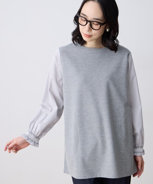 DECOY SINCE 1981(デコイシンスイチキュウハチイチ)の「ストライプ袖ドッキングチュニック【ポケットあり】(Tシャツ/カットソー・レディース・グレー/ネイビー・M/L)」の2枚目の写真