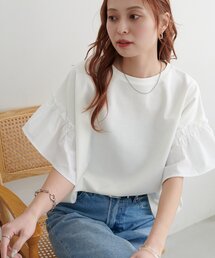 美品⁂センソユニコ⁂メフウ⁂五分袖カットソー　プルオーバー　穴あき裾模様　白系 セール】バイカラーリングドットヘンリー5分袖プルオーバー（Tシャツ