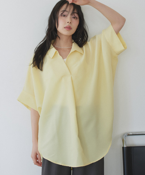 Eclat one(エクラワン)の「【Eclat one】スキッパー カラー ワイドシルエット シャツ(シャツ/ブラウス・レディース・ミント/イエロー/ネイビー/オフホワイト・M)」の4枚目の写真