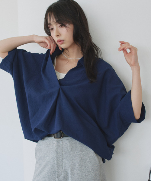 Eclat one(エクラワン)の「【Eclat one】スキッパー カラー ワイドシルエット シャツ(シャツ/ブラウス・レディース・ミント/イエロー/ネイビー/オフホワイト・M)」の12枚目の写真