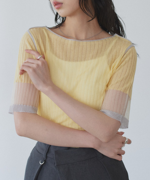 Eclat one(エクラワン)の「【Eclat one】シアー バイカラー 半袖 カットソー ◎(Tシャツ/カットソー・レディース・イエロー/グレー/オフホワイト・M)」の1枚目の写真