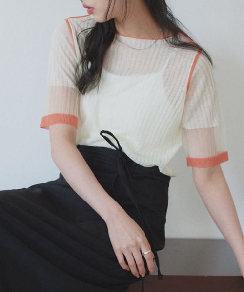 Eclat one(エクラワン)の「【Eclat one】シアー バイカラー 半袖 カットソー ◎(Tシャツ/カットソー・レディース・イエロー/グレー/オフホワイト・M)」の14枚目の写真