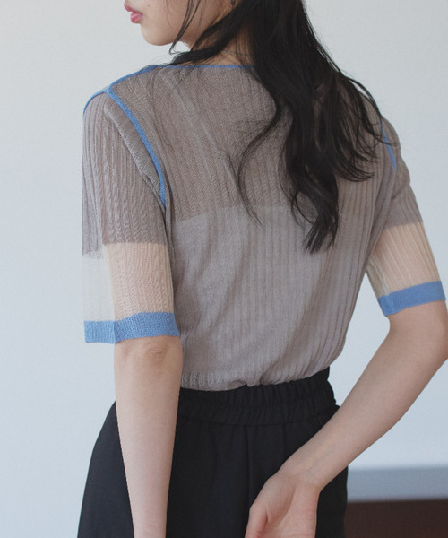 Eclat one(エクラワン)の「【Eclat one】シアー バイカラー 半袖 カットソー ◎(Tシャツ/カットソー・レディース・イエロー/グレー/オフホワイト・M)」の6枚目の写真