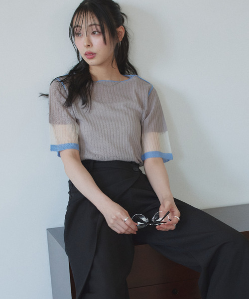 Eclat one(エクラワン)の「【Eclat one】シアー バイカラー 半袖 カットソー ◎(Tシャツ/カットソー・レディース・イエロー/グレー/オフホワイト・M)」の20枚目の写真