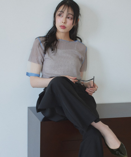 Eclat one(エクラワン)の「【Eclat one】シアー バイカラー 半袖 カットソー ◎(Tシャツ/カットソー・レディース・イエロー/グレー/オフホワイト・M)」の7枚目の写真