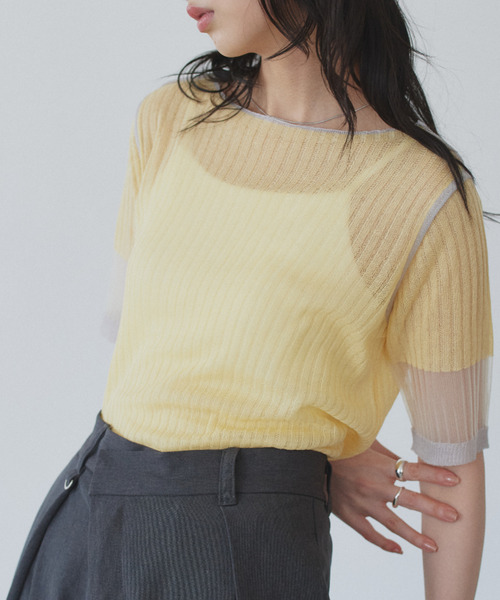 Eclat one(エクラワン)の「【Eclat one】シアー バイカラー 半袖 カットソー ◎(Tシャツ/カットソー・レディース・イエロー/グレー/オフホワイト・M)」の10枚目の写真