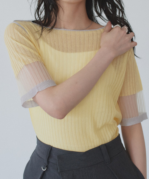Eclat one(エクラワン)の「【Eclat one】シアー バイカラー 半袖 カットソー ◎(Tシャツ/カットソー・レディース・イエロー/グレー/オフホワイト・M)」の9枚目の写真
