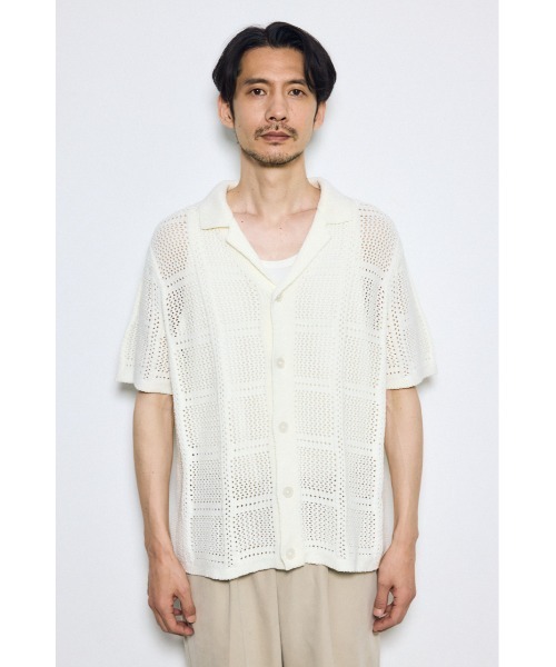 AZUL by moussy（アズールバイマウジー）の「スクエアパターンニットメッシュシャツ　メッシュトップス　羽織　春服　夏服　秋服　メッシュニット　サマーニット（シャツ/ブラウス・メンズ・ベージュ/ブラック/オフホワイト・MEDIUM/LARGE）」の7枚目の写真