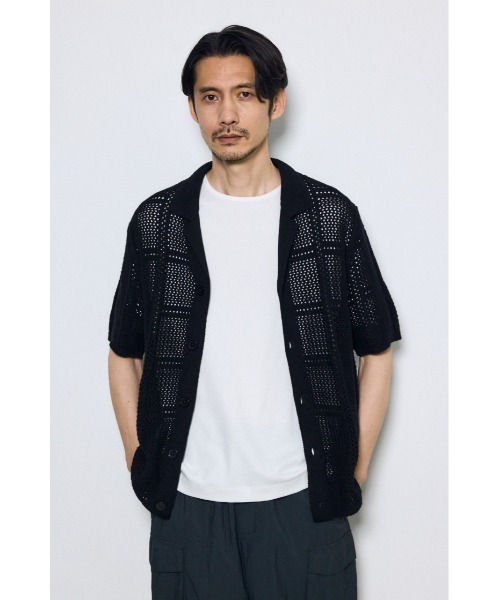 AZUL by moussy（アズールバイマウジー）の「スクエアパターンニットメッシュシャツ　メッシュトップス　羽織　春服　夏服　秋服　メッシュニット　サマーニット（シャツ/ブラウス・メンズ・ベージュ/ブラック/オフホワイト・MEDIUM/LARGE）」の14枚目の写真