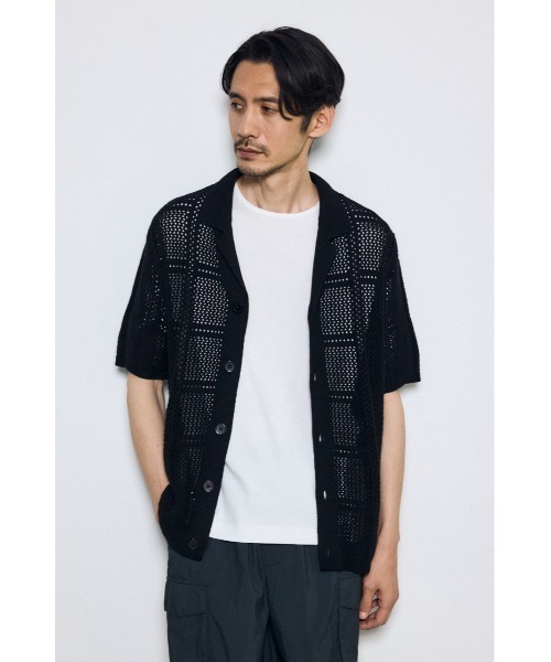 AZUL by moussy（アズールバイマウジー）の「スクエアパターンニットメッシュシャツ　メッシュトップス　羽織　春服　夏服　秋服　メッシュニット　サマーニット（シャツ/ブラウス・メンズ・ベージュ/ブラック/オフホワイト・MEDIUM/LARGE）」の15枚目の写真