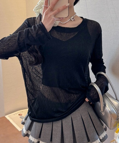 ONEP STAR(ワンピスター)の「レイヤードシアートップス(Tシャツ/カットソー・レディース・ベージュ/ブラック/ホワイト/ライトピンク/ライトグリーン・MEDIUM/X-LARGE/LARGE)」の3枚目の写真