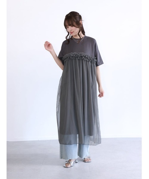 fifth(フィフス)の「チュールドッキングカットソーワンピース(ワンピース・レディース・ブラック/チャコールグレー・F)」の1枚目の写真