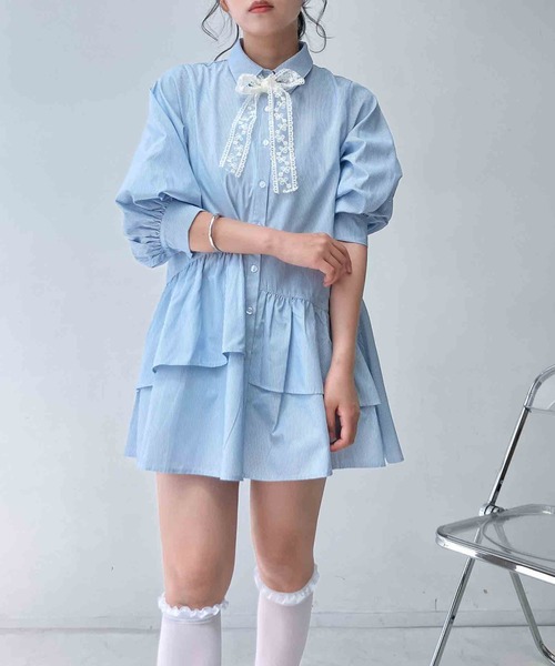 AS KNOW AS plus（アズノゥアズプラス）の「〇マルチWAY デザインフリル7分袖チュニックワンピ―ス 袖アレンジ可能（チュニック・レディース・サックスブルー/イエロー系/ブルー系1/ブルー系・FREE）」の8枚目の写真