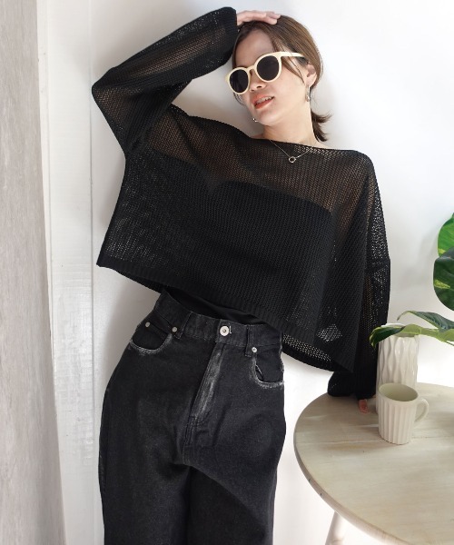 CORNERS(コーナーズ)の「メッシュニットショートトップス(ニット/セーター・レディース・ブラック/ベージュ系その他/ベージュ・M)」の1枚目の写真