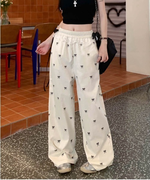 semuse(セミューズ)の「リボンプリントウエストレースリボンワイドパンツ(その他パンツ・レディース・ホワイト/ブラック・FREE)」の6枚目の写真
