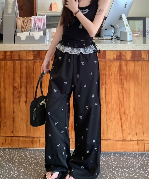 semuse(セミューズ)の「リボンプリントウエストレースリボンワイドパンツ(その他パンツ・レディース・ホワイト/ブラック・FREE)」の11枚目の写真