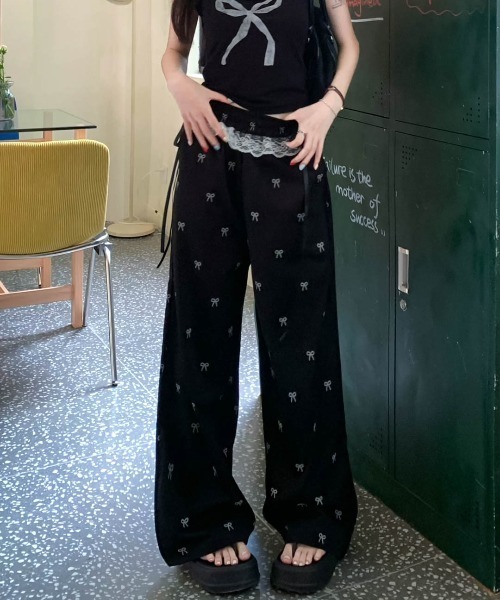 semuse(セミューズ)の「リボンプリントウエストレースリボンワイドパンツ(その他パンツ・レディース・ホワイト/ブラック・FREE)」の12枚目の写真