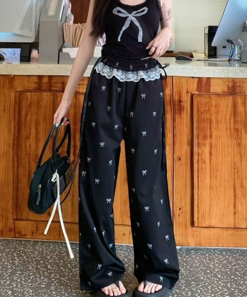 semuse(セミューズ)の「リボンプリントウエストレースリボンワイドパンツ(その他パンツ・レディース・ホワイト/ブラック・FREE)」の17枚目の写真
