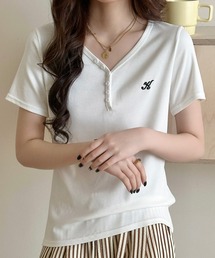 【ワンポイント刺繍入り】半袖ヘンリーネックリブTシャツ レディース