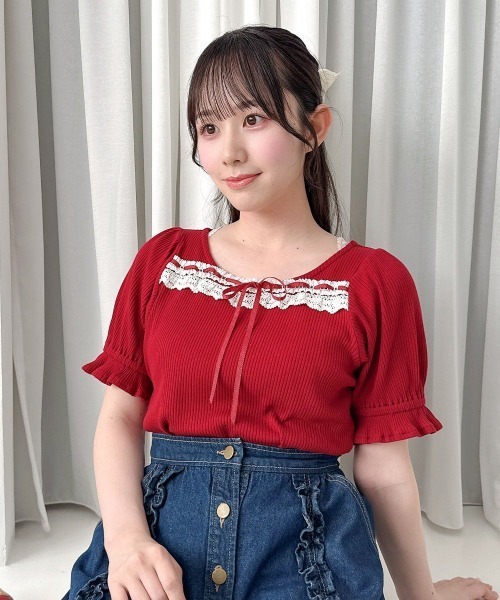 F i.n.t(フィント)の「レース使いはしごリボンカットトップス/fint フィント(Tシャツ/カットソー・レディース・ホワイト×レッド/レッド/ホワイト×ネイビー・FREE)」の3枚目の写真