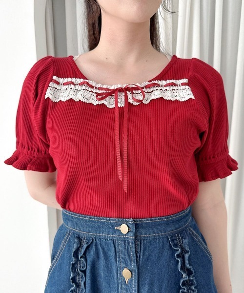 F i.n.t(フィント)の「レース使いはしごリボンカットトップス/fint フィント(Tシャツ/カットソー・レディース・ホワイト×レッド/レッド/ホワイト×ネイビー・FREE)」の5枚目の写真