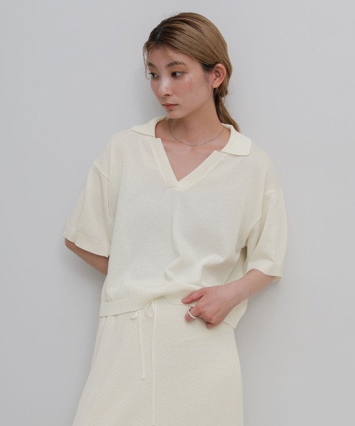 select MOCA(セレクトモカ)の「ハーフスリーブシルキースキッパーニット【セットアップ可】(ニット/セーター・レディース・ブラック/アイボリー・FREE)」の2枚目の写真
