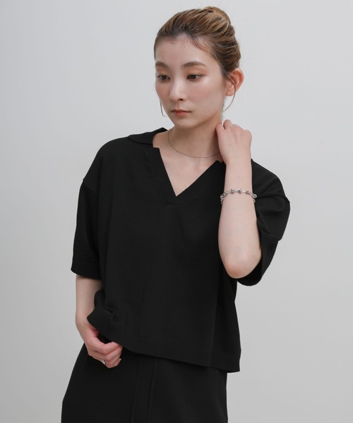 select MOCA(セレクトモカ)の「ハーフスリーブシルキースキッパーニット【セットアップ可】(ニット/セーター・レディース・ブラック/アイボリー・FREE)」の1枚目の写真