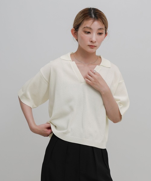 select MOCA(セレクトモカ)の「ハーフスリーブシルキースキッパーニット【セットアップ可】(ニット/セーター・レディース・ブラック/アイボリー・FREE)」の12枚目の写真