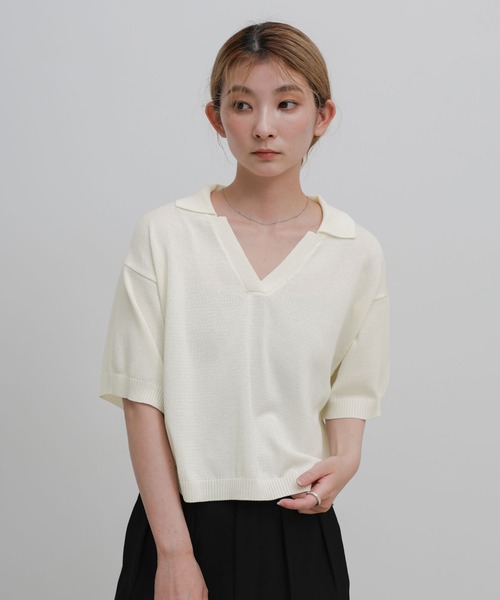 select MOCA(セレクトモカ)の「ハーフスリーブシルキースキッパーニット【セットアップ可】(ニット/セーター・レディース・ブラック/アイボリー・FREE)」の16枚目の写真