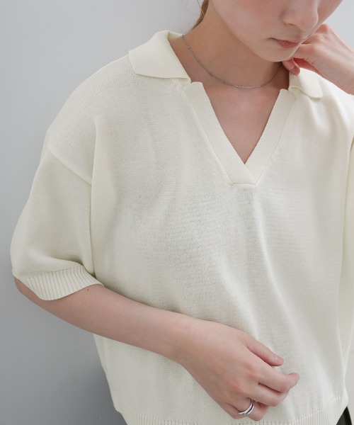 select MOCA(セレクトモカ)の「ハーフスリーブシルキースキッパーニット【セットアップ可】(ニット/セーター・レディース・ブラック/アイボリー・FREE)」の6枚目の写真