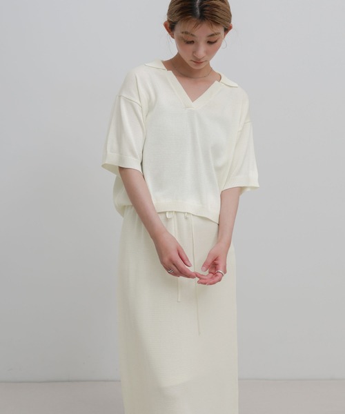 select MOCA(セレクトモカ)の「ハーフスリーブシルキースキッパーニット【セットアップ可】(ニット/セーター・レディース・ブラック/アイボリー・FREE)」の5枚目の写真