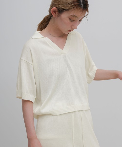 select MOCA(セレクトモカ)の「ハーフスリーブシルキースキッパーニット【セットアップ可】(ニット/セーター・レディース・ブラック/アイボリー・FREE)」の9枚目の写真
